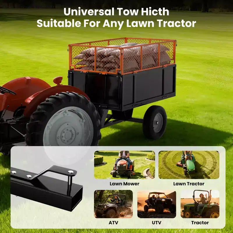 Remorque utilitaire en acier robuste, remorque tout-terrain à benne basculante, 480 litres, capacité de 340 kg avec ridelles amovibles, remorque de jardin à atteler derrière un véhicule utilitaire.