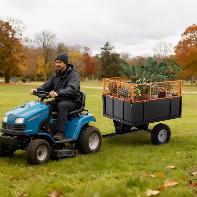 Remorque utilitaire en acier robuste, remorque tout-terrain à benne basculante, 480 litres, capacité de 340 kg avec ridelles amovibles, remorque de jardin à atteler derrière un véhicule utilitaire.