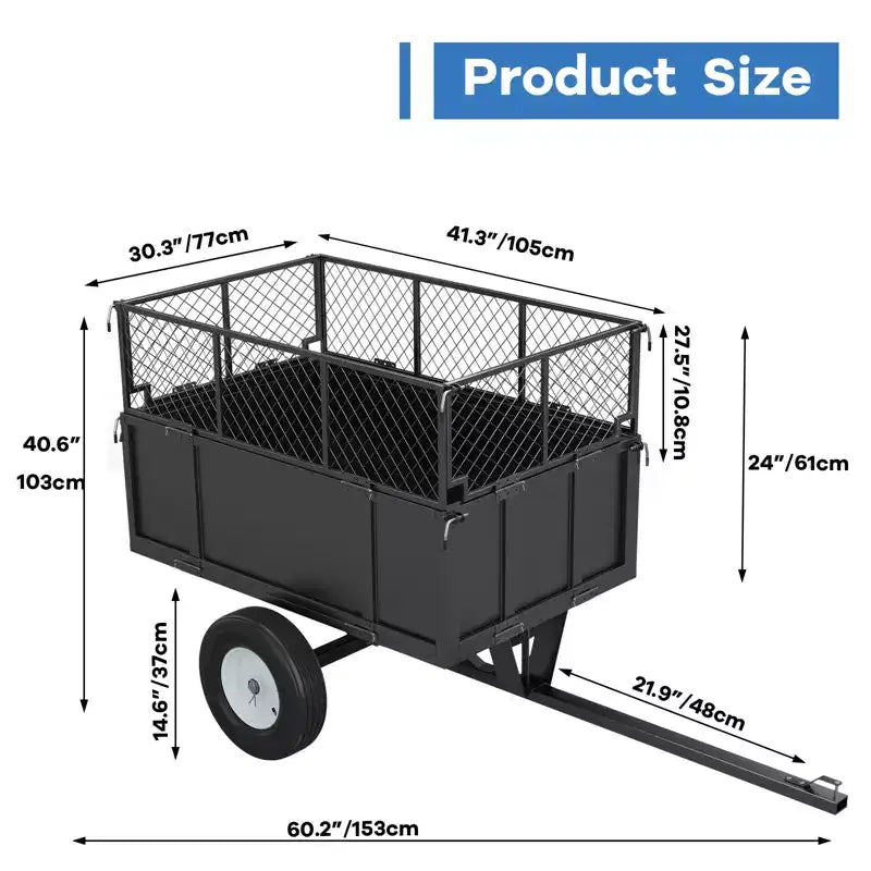 Remorque utilitaire en acier robuste, remorque tout-terrain à benne basculante, 480 litres, capacité de 340 kg avec ridelles amovibles, remorque de jardin à atteler derrière un véhicule utilitaire.