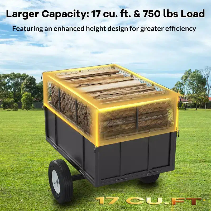 Remorque utilitaire en acier robuste, remorque tout-terrain à benne basculante, 480 litres, capacité de 340 kg avec ridelles amovibles, remorque de jardin à atteler derrière un véhicule utilitaire.