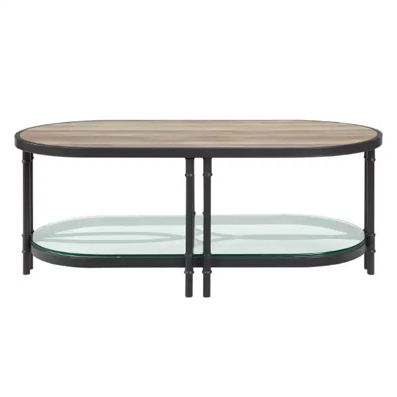Table basse ovale de 119 cm, chêne marron, pieds en métal industriel, étagère inférieure en verre trempé