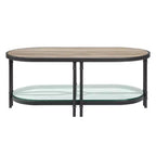 Table basse ovale de 119 cm, chêne marron, pieds en métal industriel, étagère inférieure en verre trempé