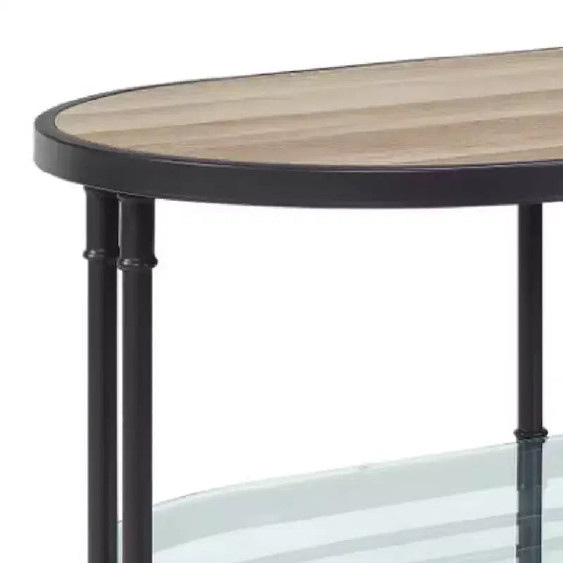 Table basse ovale de 119 cm, chêne marron, pieds en métal industriel, étagère inférieure en verre trempé