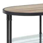 Table basse ovale de 119 cm, chêne marron, pieds en métal industriel, étagère inférieure en verre trempé