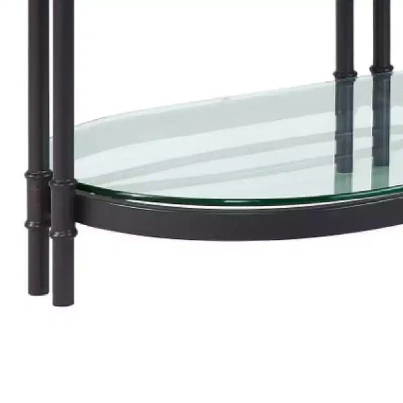 Table basse ovale de 119 cm, chêne marron, pieds en métal industriel, étagère inférieure en verre trempé