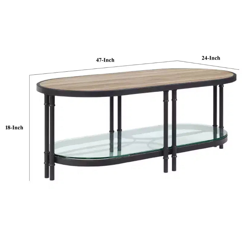 Table basse ovale de 119 cm, chêne marron, pieds en métal industriel, étagère inférieure en verre trempé