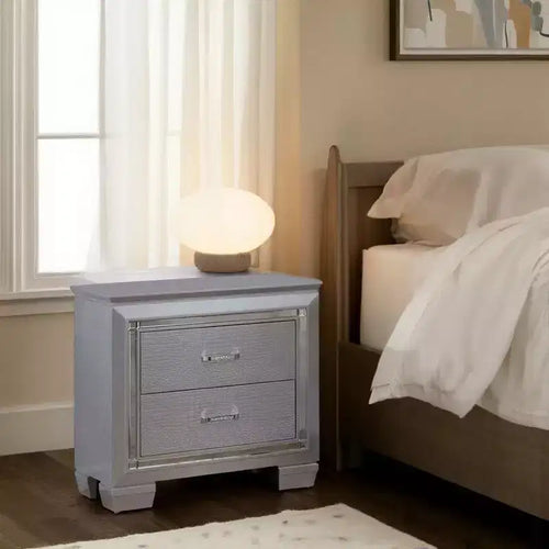 Royal Hampton 2 Drawer Wooden Nightstand with Embossed Textured Details, Gray