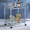 Desserte chromée avec 2 étagères en verre trempé, motif quadrilobe, roulettes, capacité de 22,7 kg