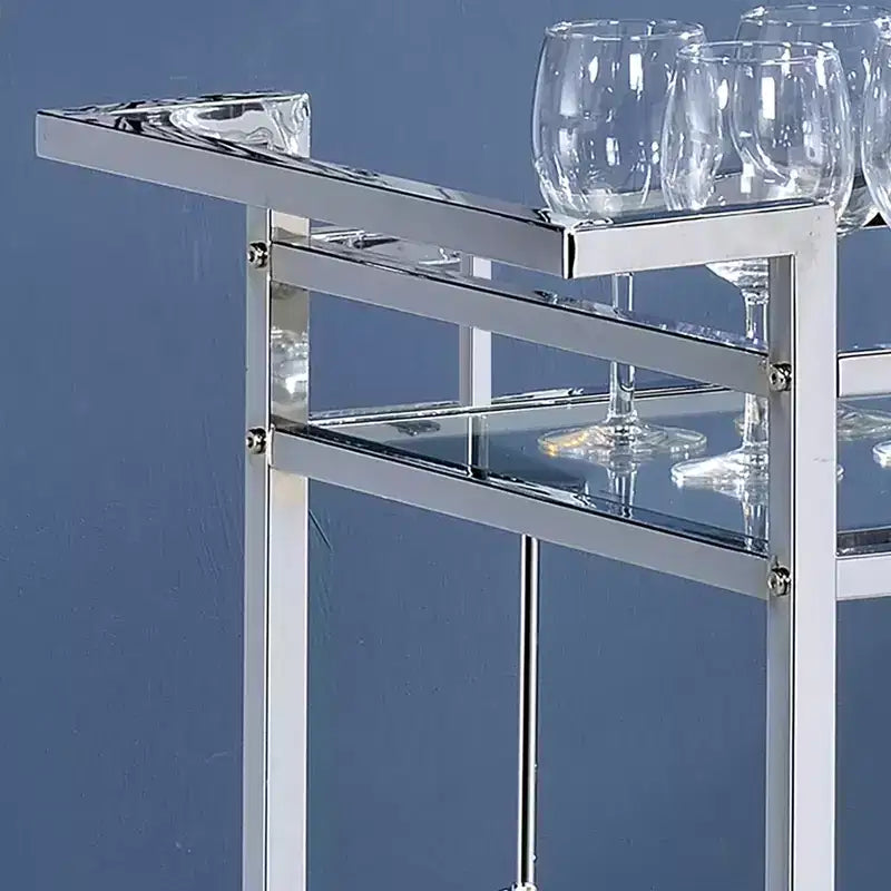 Desserte chromée avec 2 étagères en verre trempé, motif quadrilobe, roulettes, capacité de 22,7 kg