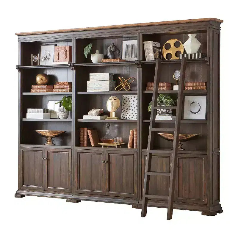 Meuble mural bibliothèque de 239 cm avec échelle en bois, 15 étagères ouvertes, quincaillerie bronze, finition couleur café noir