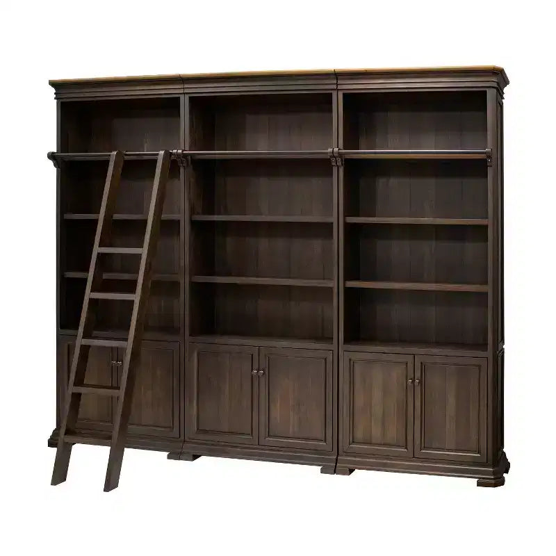 Meuble mural bibliothèque de 239 cm avec échelle en bois, 15 étagères ouvertes, quincaillerie bronze, finition couleur café noir