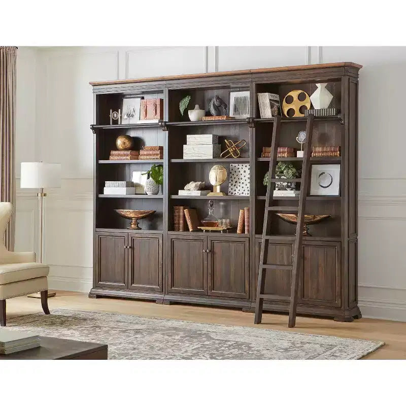 Meuble mural bibliothèque de 239 cm avec échelle en bois, 15 étagères ouvertes, quincaillerie bronze, finition couleur café noir