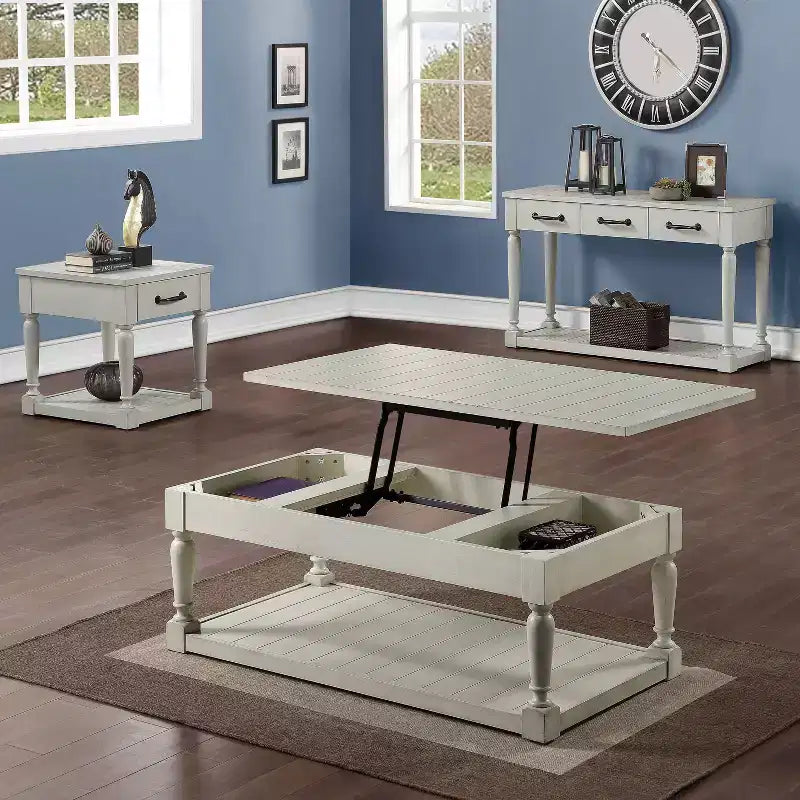 Table d'appoint style cottage, blanc albâtre, pieds tournés, tiroir de rangement et étagère inférieure, bois d'hévéa