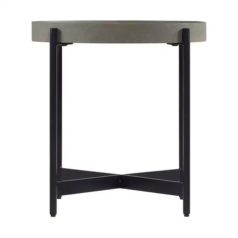 Table d'appoint ronde en bois de 20 po avec revêtement en béton, gris béton, plateau avec rebord, base en X