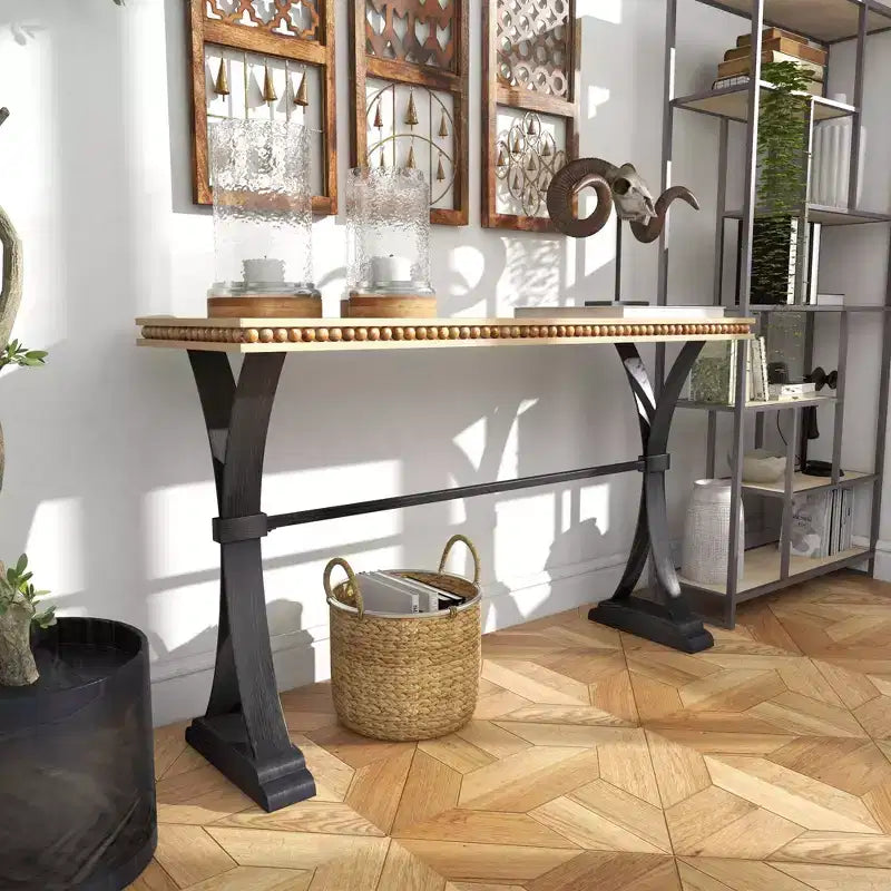 Console en bois industrielle, marron, étagère ouverte, cadre en métal, table pour entrée et salon