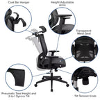 Fauteuil de bureau ergonomique en maille, inclinaison synchrone, appui-tête pivotant, soutien lombaire, accoudoirs réglables