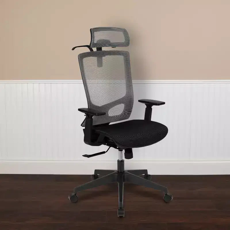 Fauteuil de bureau ergonomique en maille, inclinaison synchrone, appui-tête pivotant, soutien lombaire, accoudoirs réglables