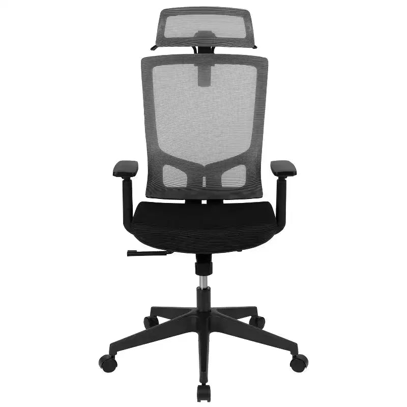 Fauteuil de bureau ergonomique en maille, inclinaison synchrone, appui-tête pivotant, soutien lombaire, accoudoirs réglables