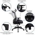 Fauteuil de bureau ergonomique en maille, inclinaison synchrone, appui-tête pivotant, soutien lombaire, accoudoirs réglables
