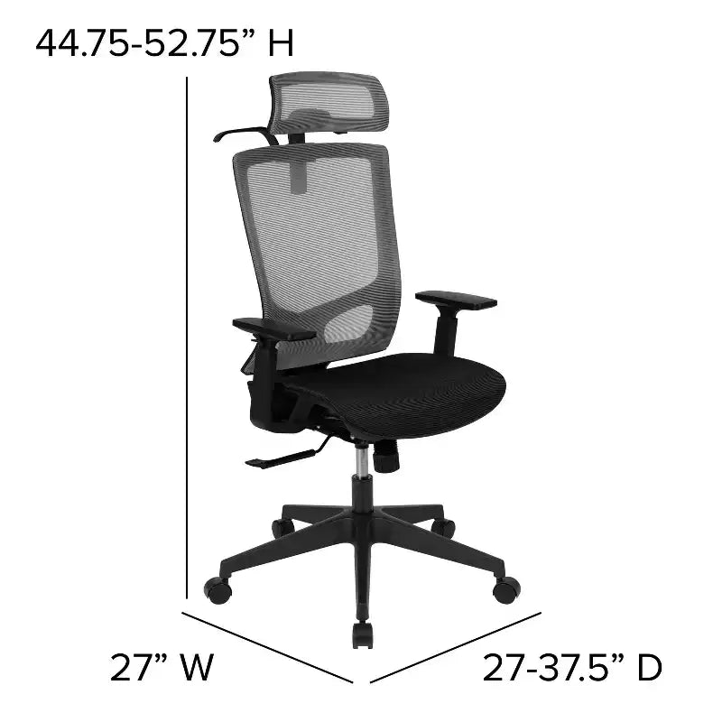 Fauteuil de bureau ergonomique en maille, inclinaison synchrone, appui-tête pivotant, soutien lombaire, accoudoirs réglables