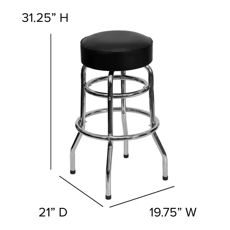 Tabouret de bar/comptoir chromé double anneau sans dossier, style restaurant, rétro