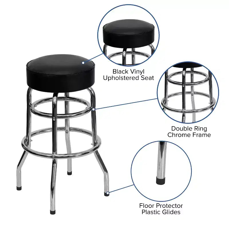 Tabouret de bar/comptoir chromé double anneau sans dossier, style restaurant, rétro