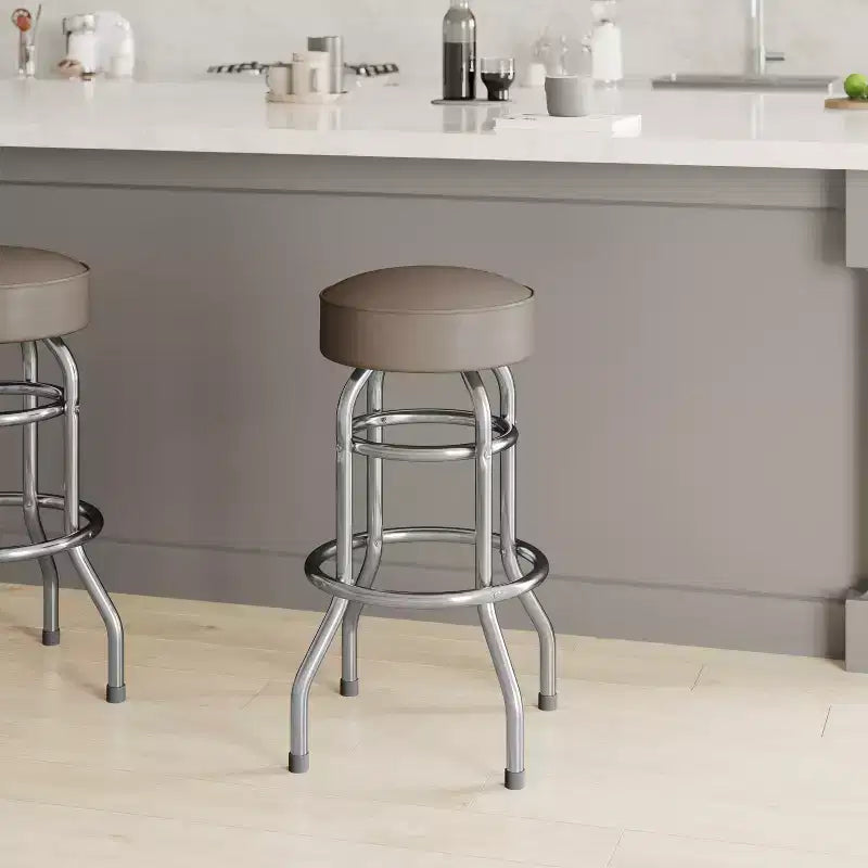 Tabouret de bar/comptoir chromé double anneau sans dossier, style restaurant, rétro