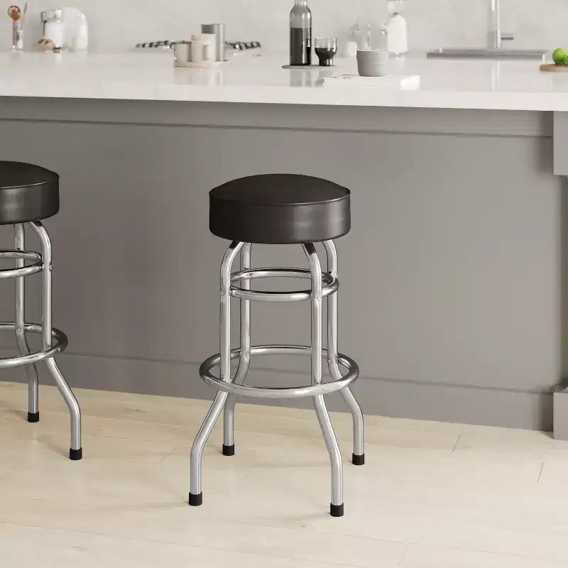 Tabouret de bar/comptoir chromé double anneau sans dossier, style restaurant, rétro