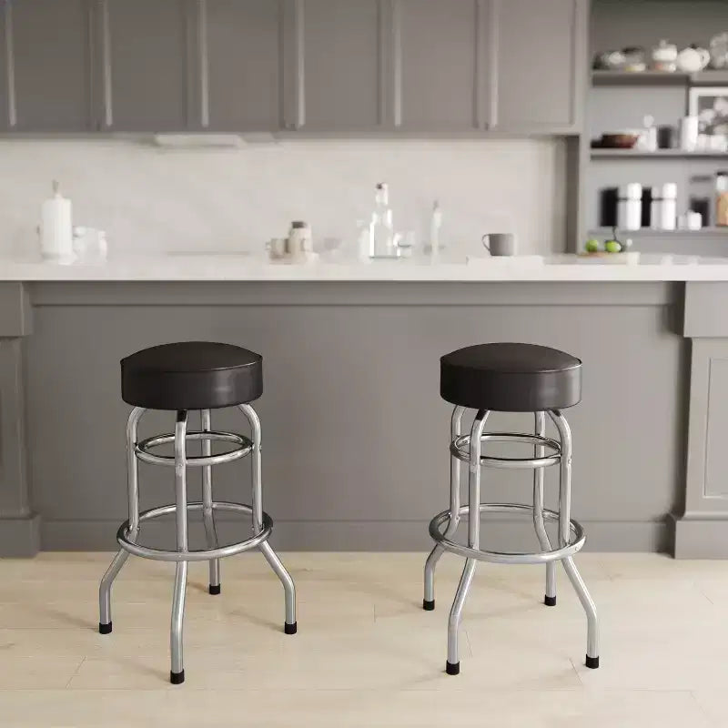 Tabouret de bar/comptoir chromé double anneau sans dossier, style restaurant, rétro