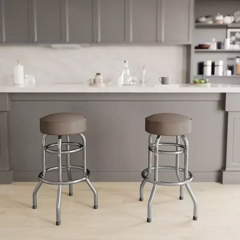 Tabouret de bar/comptoir chromé double anneau sans dossier, style restaurant, rétro