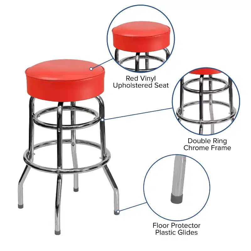 Tabouret de bar/comptoir chromé double anneau sans dossier, style restaurant, rétro
