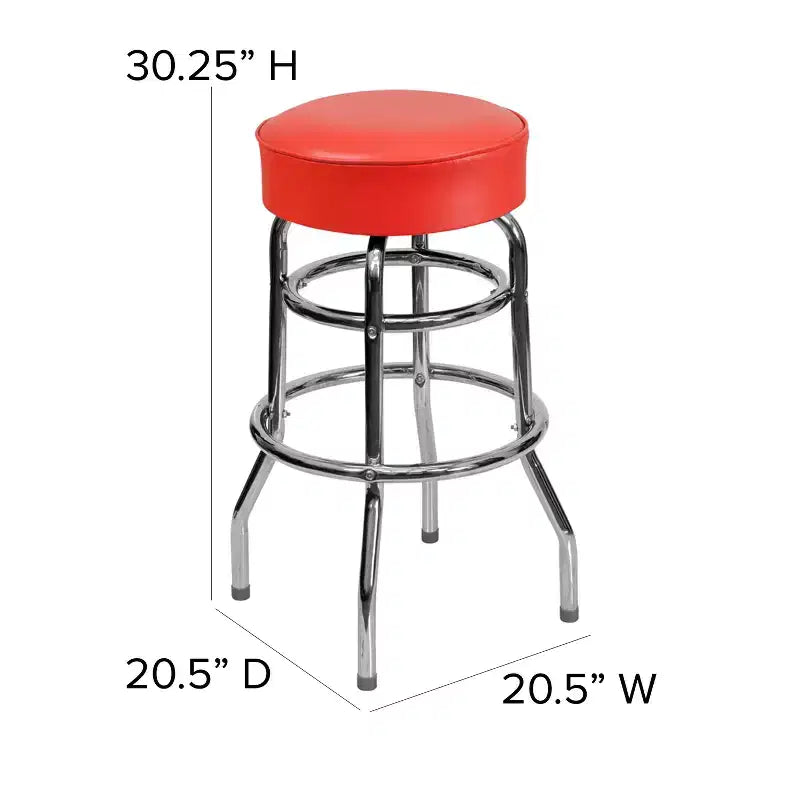 Tabouret de bar/comptoir chromé double anneau sans dossier, style restaurant, rétro