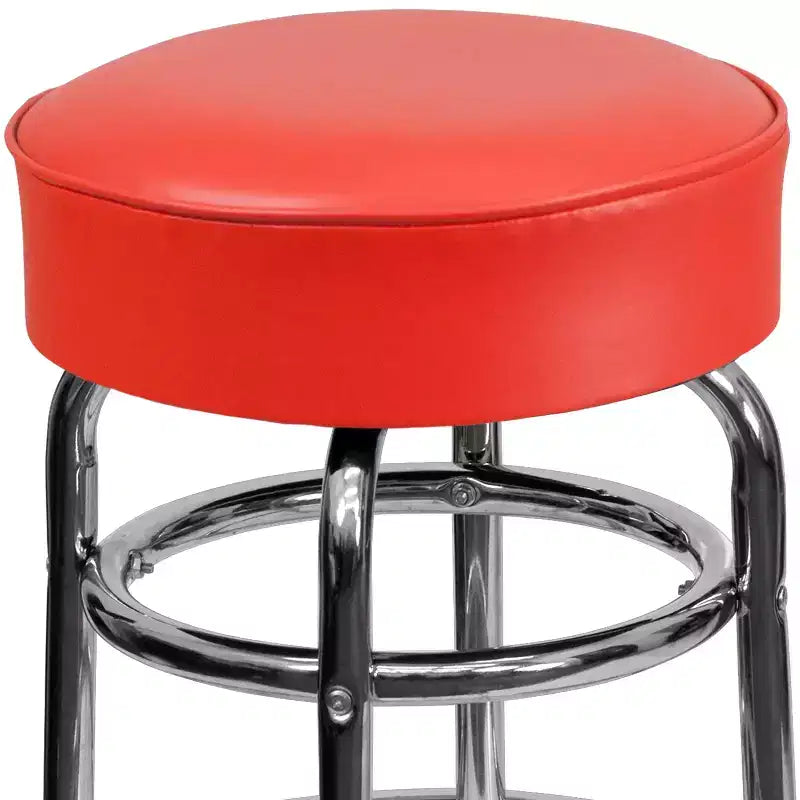 Tabouret de bar/comptoir chromé double anneau sans dossier, style restaurant, rétro