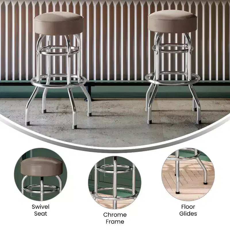 Tabouret de bar/comptoir chromé double anneau sans dossier, style restaurant, rétro