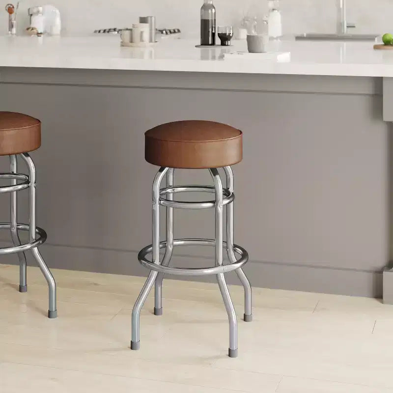 Tabouret de bar/comptoir chromé double anneau sans dossier, style restaurant, rétro