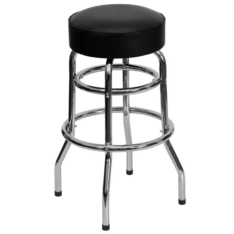 Tabouret de bar/comptoir chromé double anneau sans dossier, style restaurant, rétro
