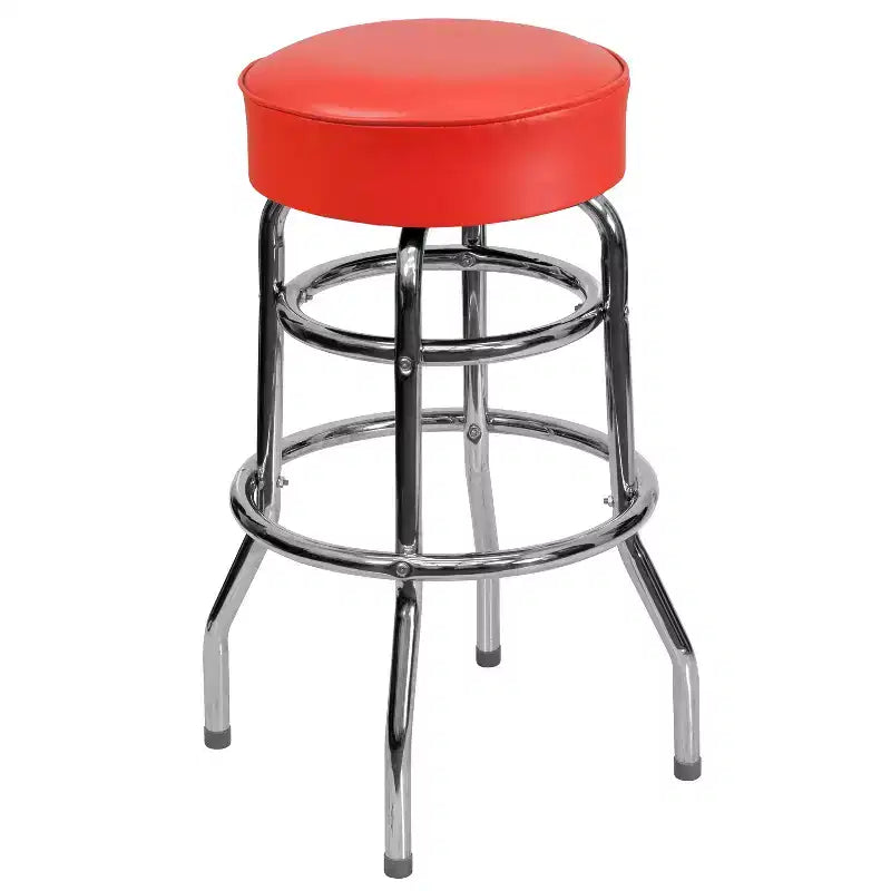 Tabouret de bar/comptoir chromé double anneau sans dossier, style restaurant, rétro