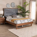 Lit plateforme en tissu et bois de noyer, gris, aucun sommier requis, tête de lit capitonnée