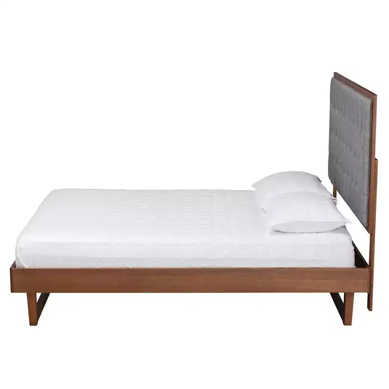 Lit plateforme en tissu et bois de noyer, gris, aucun sommier requis, tête de lit capitonnée