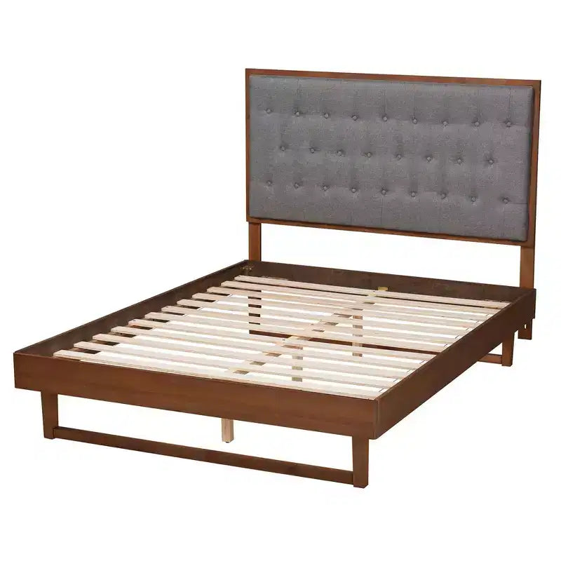 Lit plateforme en tissu et bois de noyer, gris, aucun sommier requis, tête de lit capitonnée