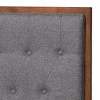 Lit plateforme en tissu et bois de noyer, gris, aucun sommier requis, tête de lit capitonnée