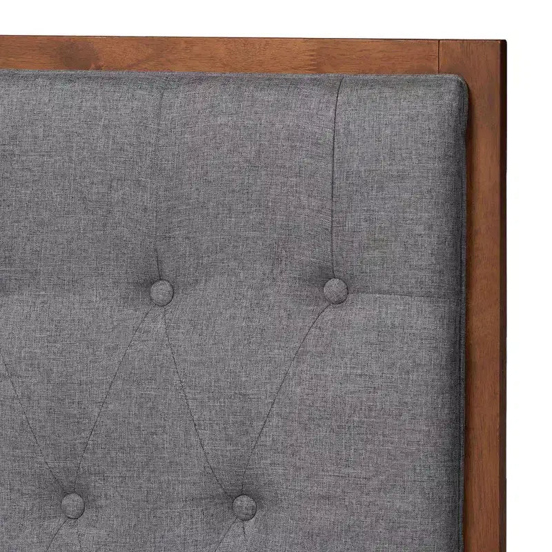 Lit plateforme en tissu et bois de noyer, gris, aucun sommier requis, tête de lit capitonnée