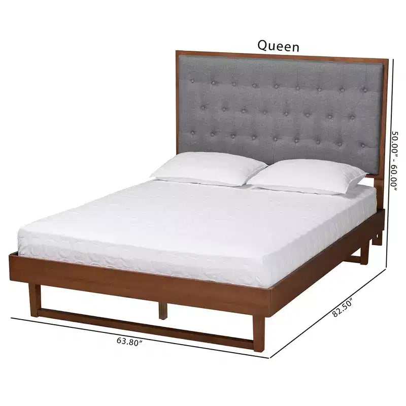 Lit plateforme en tissu et bois de noyer, gris, aucun sommier requis, tête de lit capitonnée